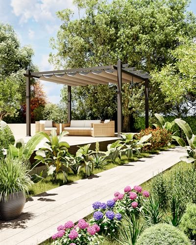 Garvee 10x13 Ft Aluminum Pergola with Retractable Canopy Metal Gazebo for Modern Backyard Deck Porch Grape Trellis(Khaki)