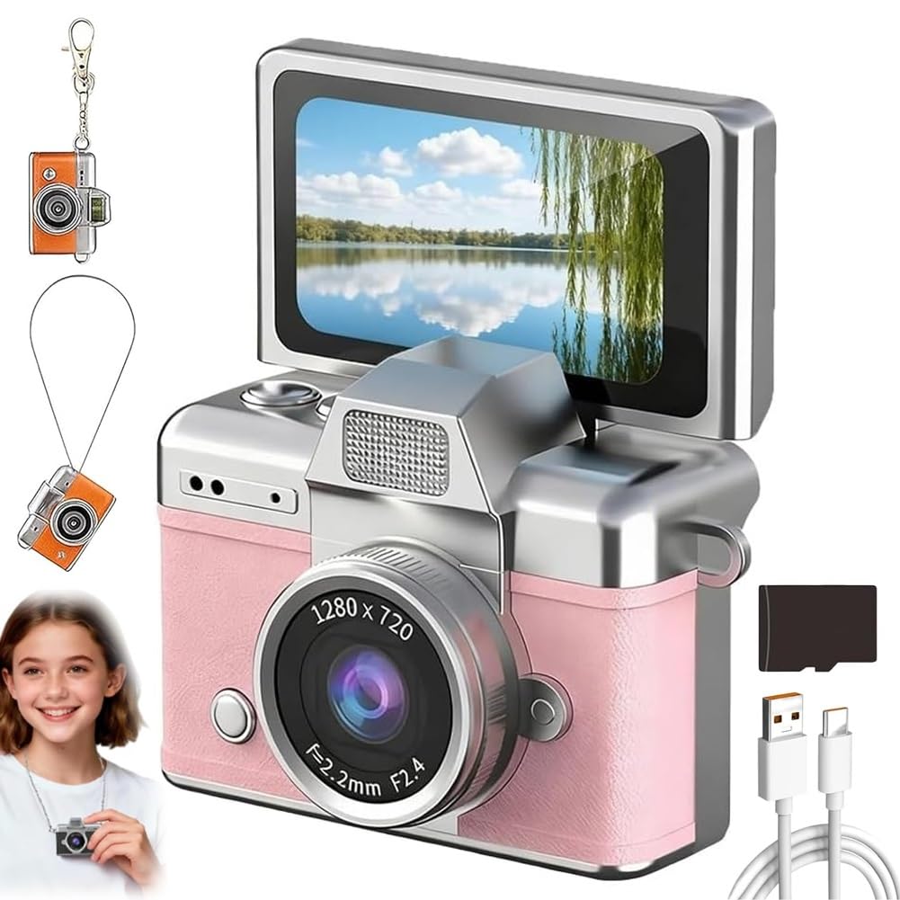mini digital camera with 1.47 in lcd screen, 1080p retro flip display, built-in flash & keychain size, portable travel pocket camera with 64gb card for concerts study birthday gifts(pink,64g)