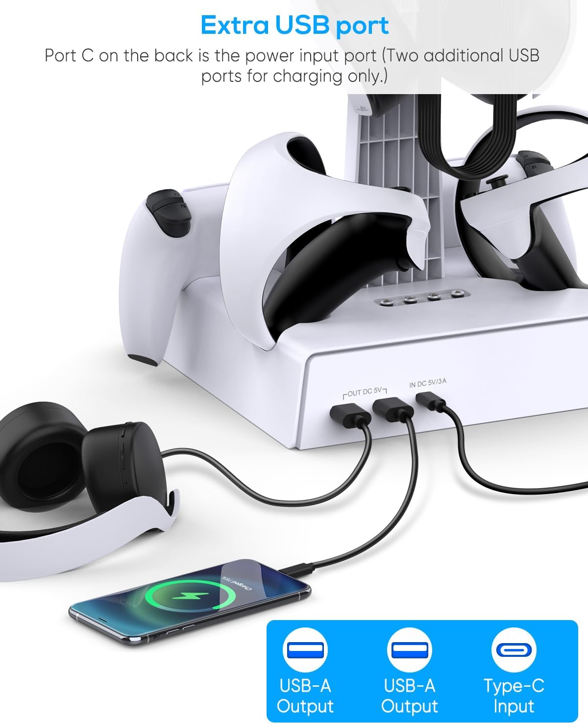 MENEEA RGB Charging Station for PS VR2/PS5/PS5 Edge Controller with 10 Light Effects,Dual Magnetic Charger Stand Dock Playstation 5/VR2 VR2 Headset Display Storage,4 Type-C Connectors, White