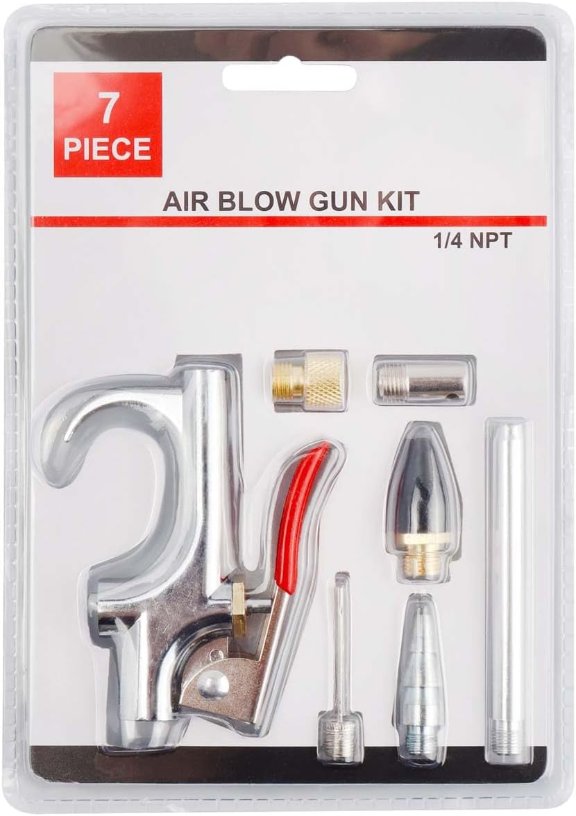 7PCS Air Compressor Accessories Kit, 1/4" NPT Quick Connect Air Tool Set for Compressor, Includes Blow Gun, Extension Nozzle, Rubber Tip, Inflation Needles & Adapter – Alloy Construction