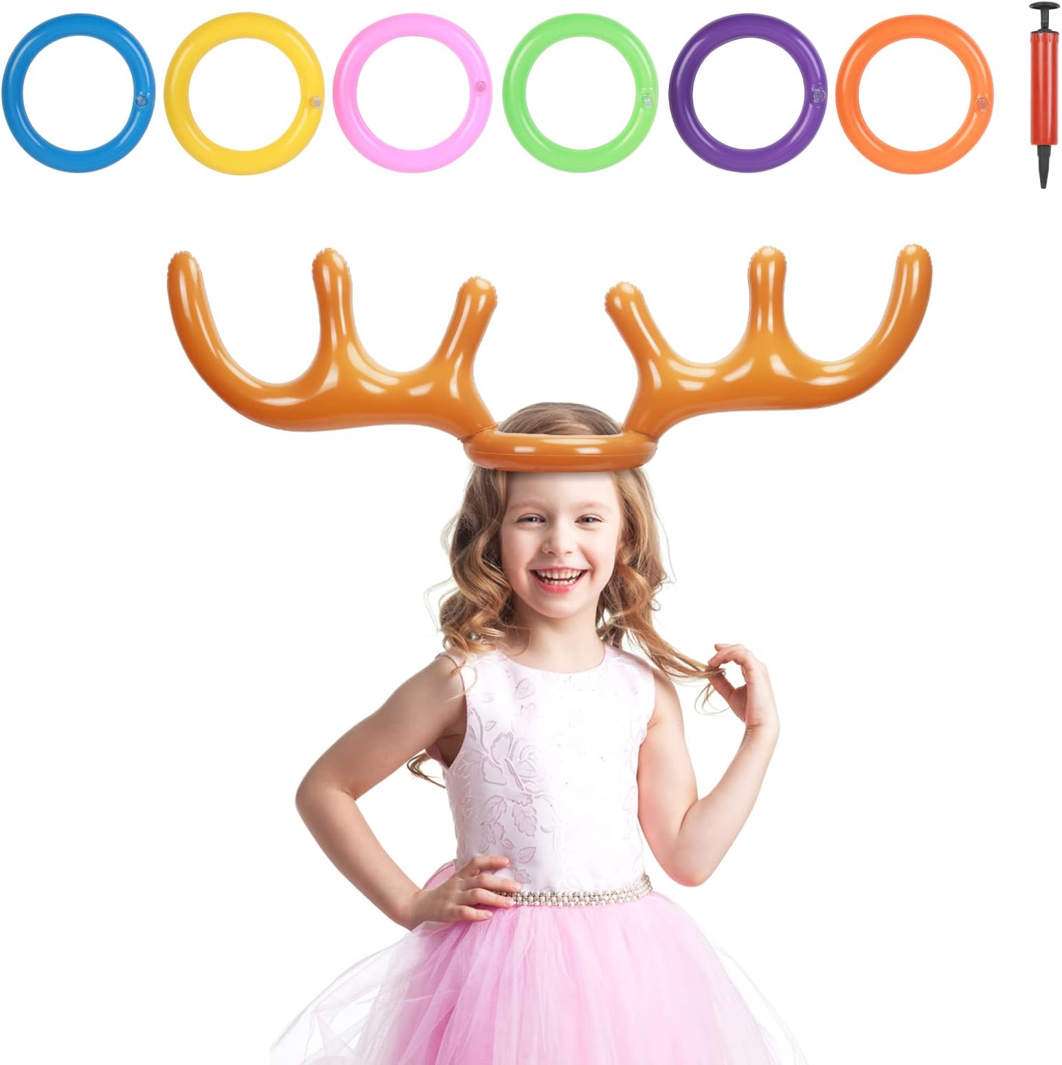 HONMOK Inflatable Reindeer Antler Game,Christmas Hoopla Ring Toss Game,Inflatable Reindeer Antler Hat with 6 Throwing Rings and 1 Pump,for Kids Adults Family Christmas Party Fun Games