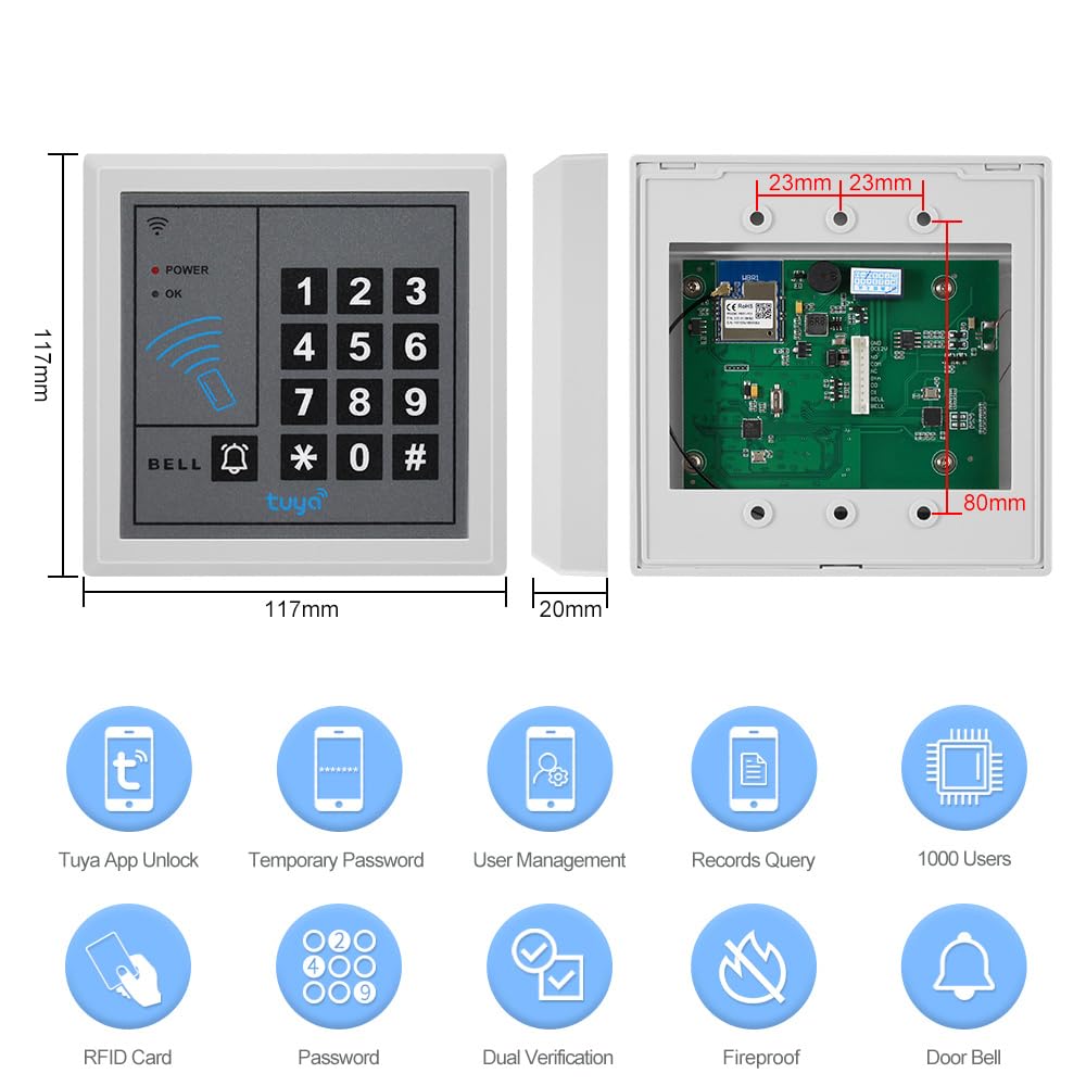 Tuya Smart WiFi Access Control System Kit, 1000-User Remote Access Control Keypad, include 280KG serratura magnetica, tastiera di controllo accessi, alimentatore 12V, pulsante di uscita e 5