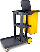 FaragJanitorial Compact Janitorial Cart: 3 Shelves, 25 Gal Vinyl Bag with Cover, 450 lbs Capacity, Black
