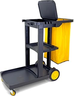 FaragJanitorial Compact Janitorial Cart: 3 Shelves, 25 Gal Vinyl Bag with Cover, 450 lbs Capacity, Black