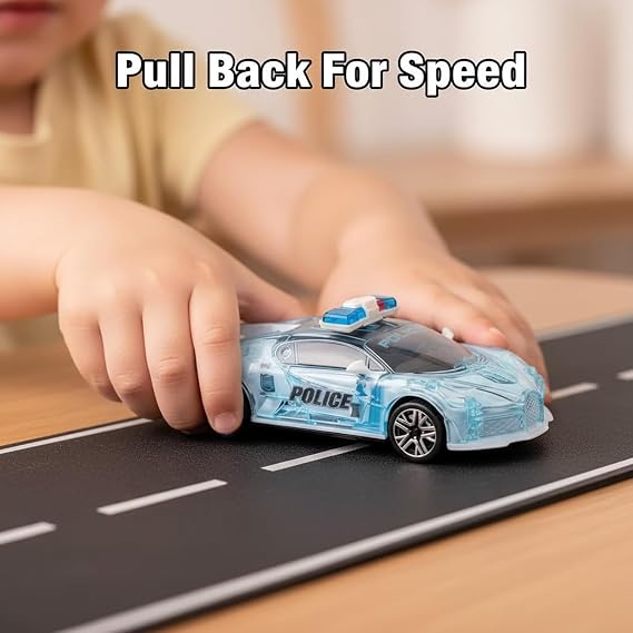 MSQUARE Transparent White Police Toy Car, Pull-Back Mechanism, Eye Catching Design, Flashing LED Light With Police Siren Sound, Long Lasting Fun, (2pcs)