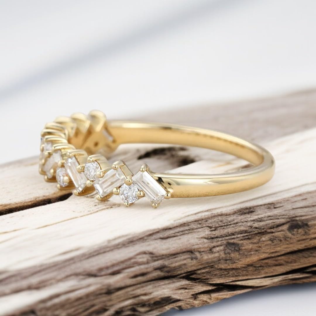 Moissanite Wedding Band Unique Yellow Gold Delicate Bridal Stacking Ring Baguette Cut Moissanite Bridal Anniversary Ring Promise Gift For Her