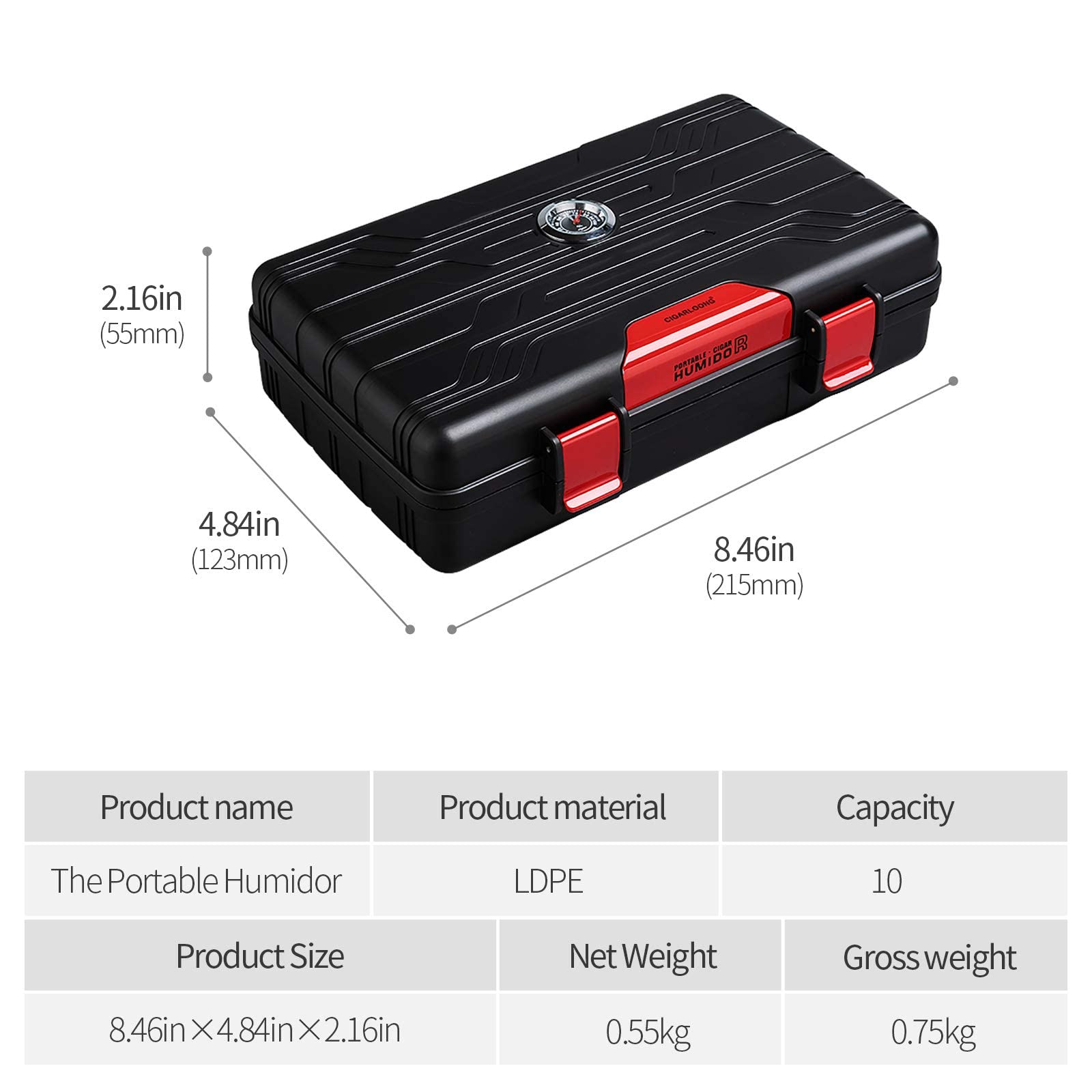 CIGARLOONG Cigar Humidor Viaje Cigar Caso Doble Capa con Higrómetro y Humidificador (Color: Rojo)