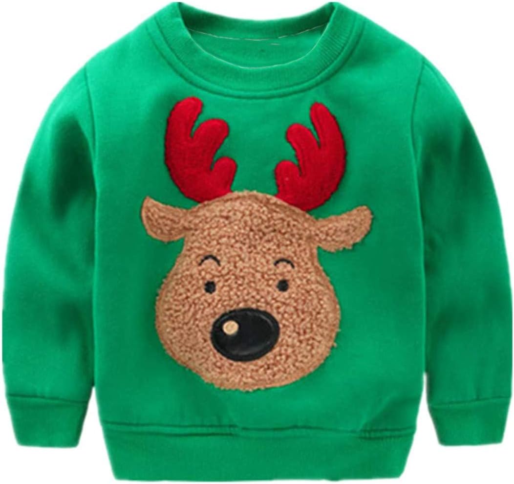 Popshion Toddler Boys Christmas Sweatshirts Long Sleeve Pullover Shirts Reindeer Sweaters Xmas Cartoon Tee Sport Tops 1-7T