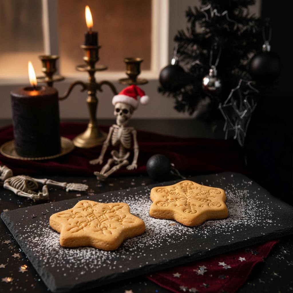 BAKERLOGY Lot de 2 Emporte-pièces Flocons Gothiques – Embosseurs Fondant Toile d’Araignée et Squelette Dansant pour Biscuits de Noël Effrayants et Fêtes Alternatives