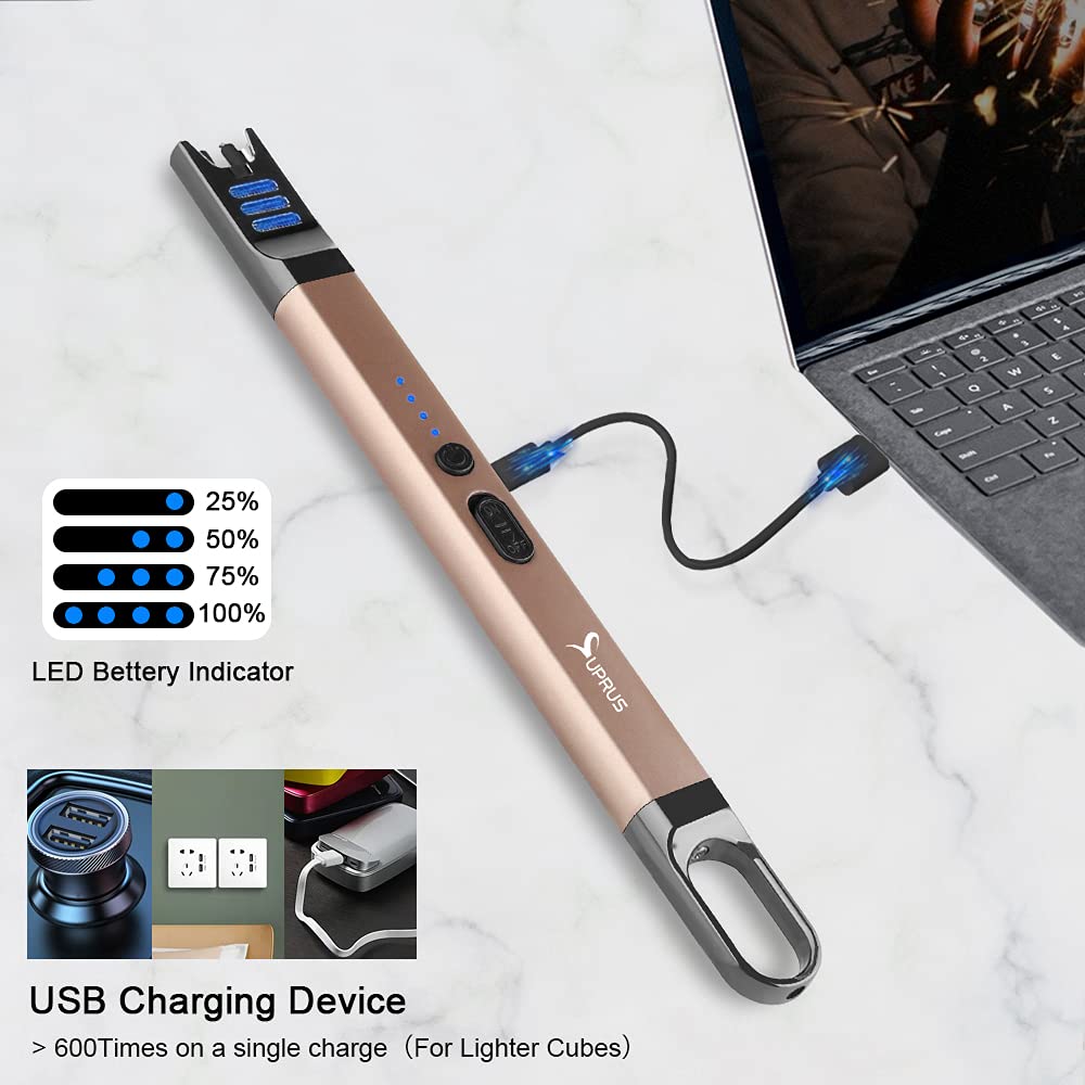 SUPRUS Zapalniczka do świec, elektryczna, z łukiem świetlnym, wiatroszczelna, bezpłomieniowa, do ponownego ładowania przez USB, z oświetleniem LED, na kemping, do grillowania, gotowania (złota)