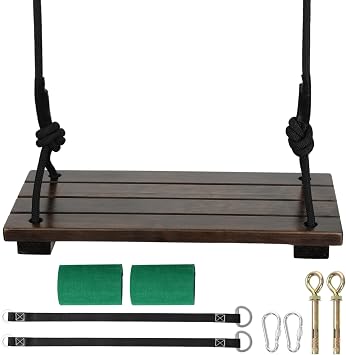Heavy Duty Wooden Tree Swing Seat for Adults & Kids - 440lbs Capacity, Adjustable Rope & Tree Straps, Indoor/Outdoor Swing Set for Backyard, Garden, Porch, Patio, 17.72" x 7.87"