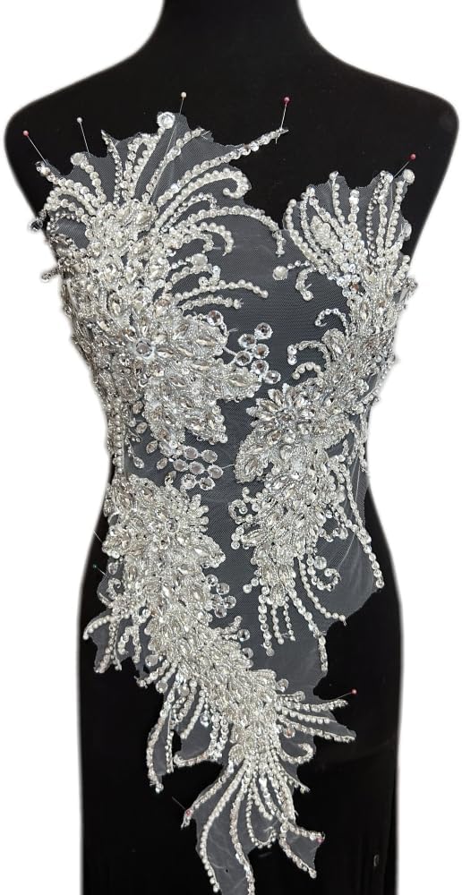 Handmade Rhinestones Lace Bodice Applique Sewing Glass Beads Sequins Crystal Trim Patches Accessory for Dress Clothes 12x26 inch (Silver)