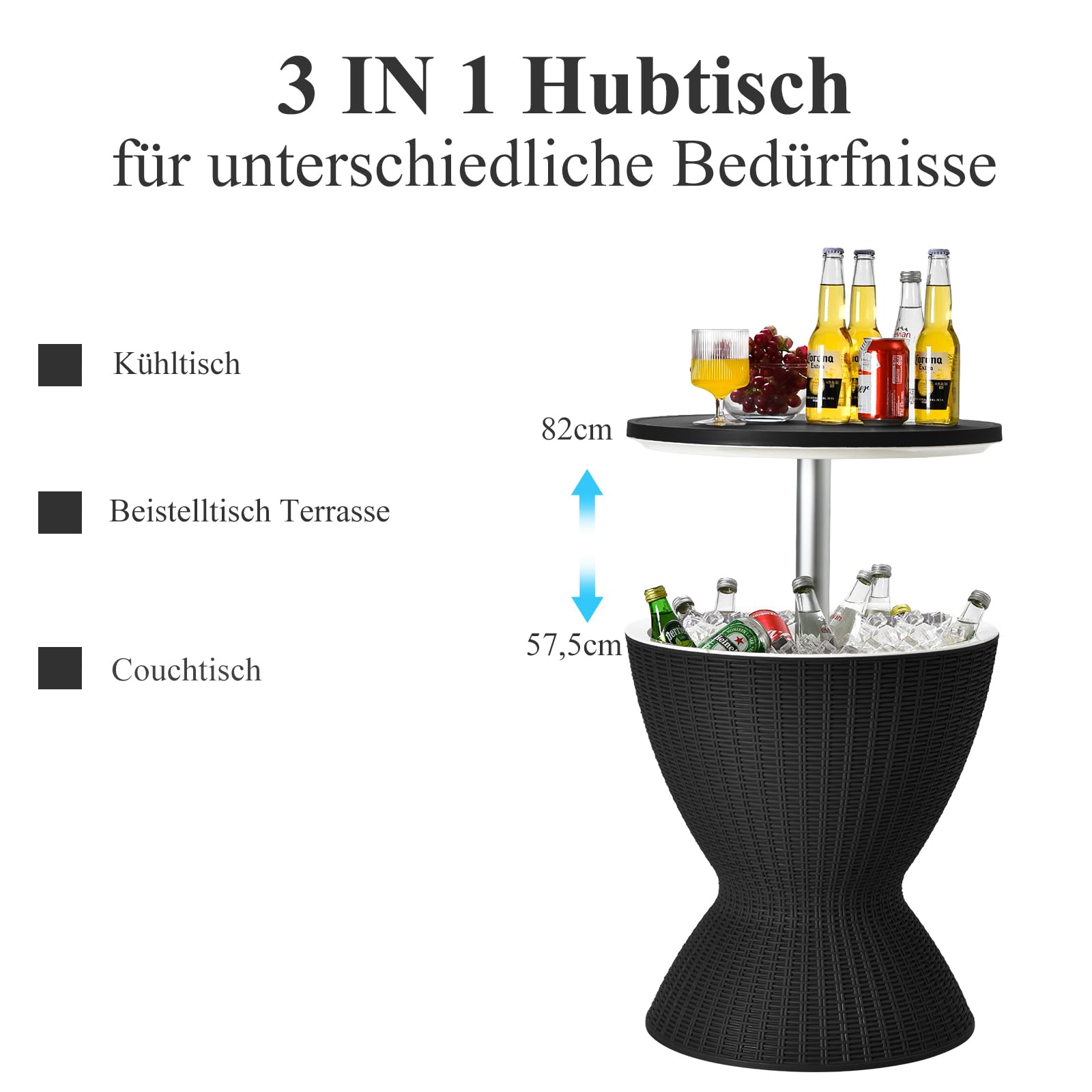 SOARS 3 in 1 Cool Bar höhenverstellbar, 30L Kühlbox in Rattanoptik, Beistelltisch mit abnehmbarem Deckel & Ablassöffnung, Getränkekühler bis 75kg belastbar, zum Kühlen von Bier, Wein (Schwarz)