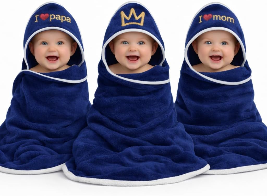 First Kick Baby Blanket Newborn Polar Fleece Hooded Blanket with Premium Embroidery, 200 GSM All-Weather Newborn Wrapper, White Piping Stitch, 24 x 30 Inches, 0-6 Months, Navyblue