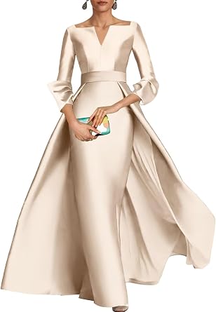 Long Sleeves Mermaid Mother of the Bride Dress for Wedding V Neck Satin Formal Evening Dress