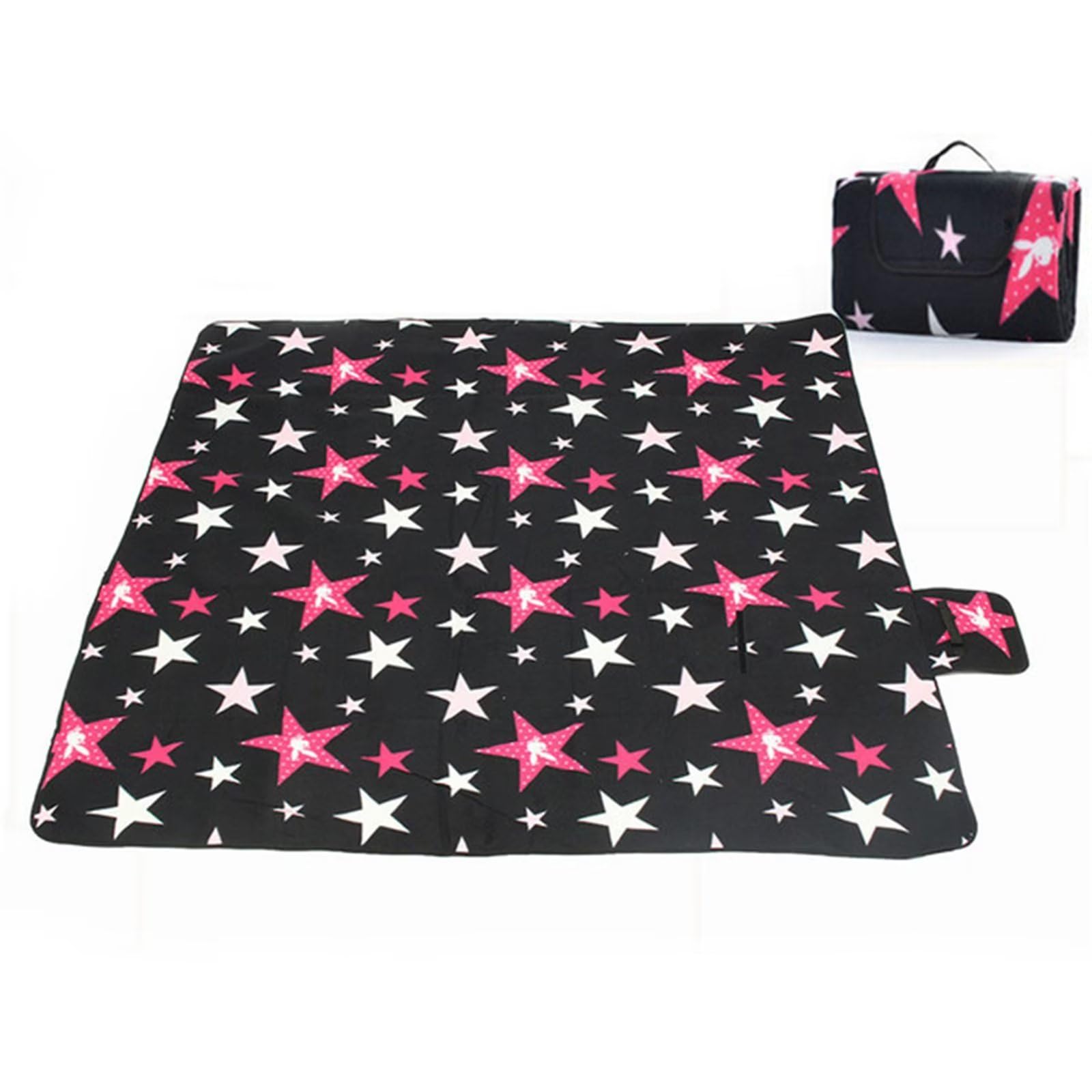 Picknickdecke 200x200cm,Wasserdicht Strandunterlage,Rosa weiße Sterne Stranddecke XXL Weiche Campingdecke mit Tragegriff Strandmatte für Park,Garten,Strand,Waschbar