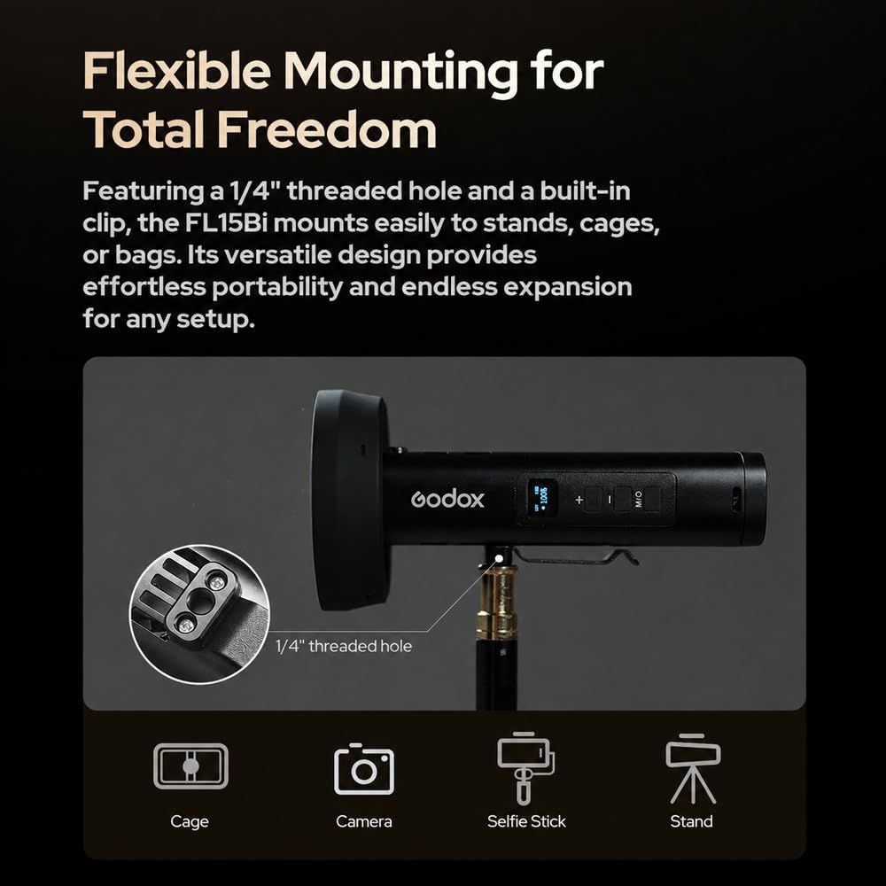 Godox FL15Bi Lampe Vidéo LED de Poche, Éclairage Photographique Bicolore 2800K-6500K avec Lentille Zoom Pliable, 11 Effets FX, Coupe-Flux Magnétique, Étanche IP54, Batterie 4750mAh pour Studio