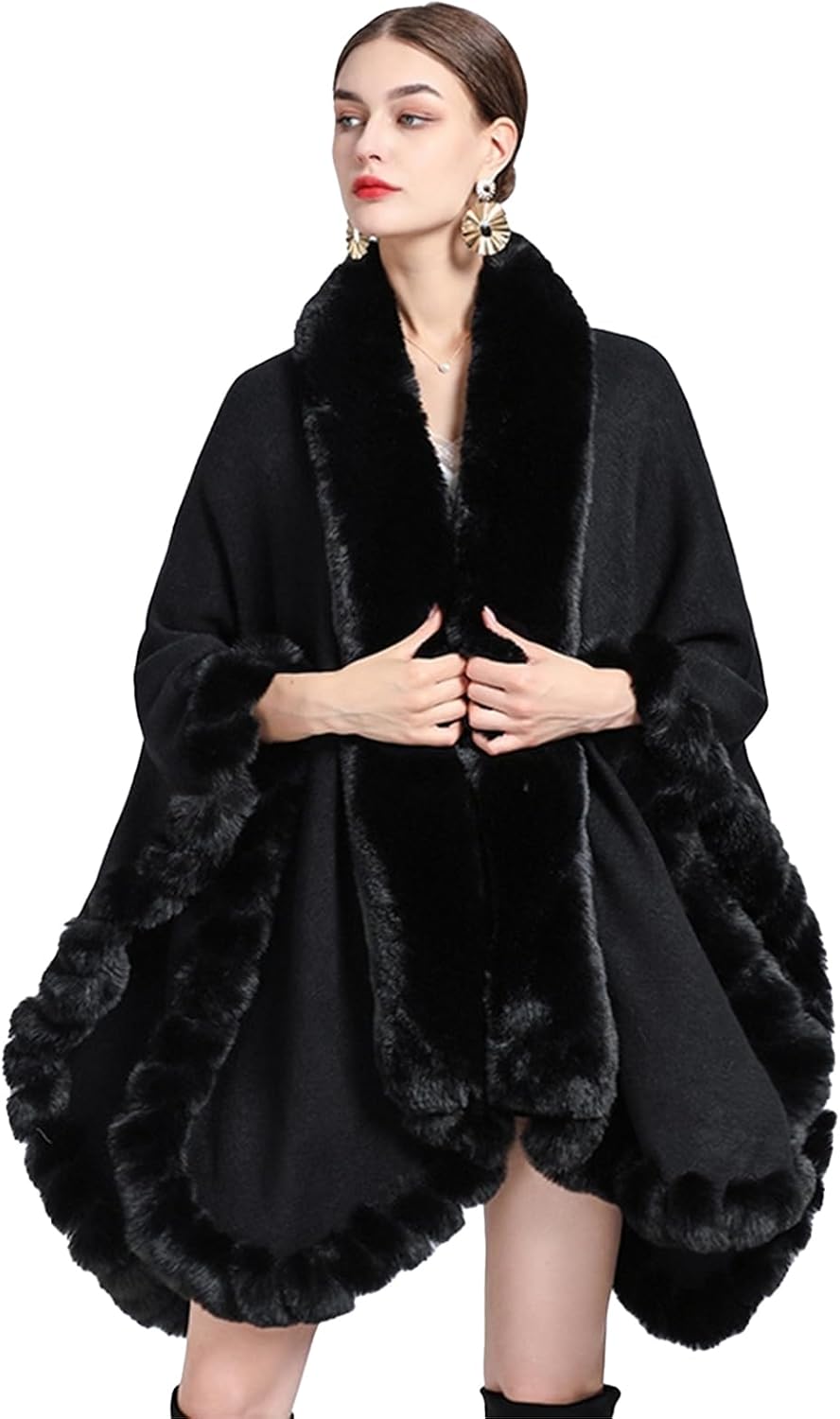 Obosoyo Wrap Cape Women Faux Fur Collar Shawl Knit Poncho Cloak Cardigan Coat Evening Dress