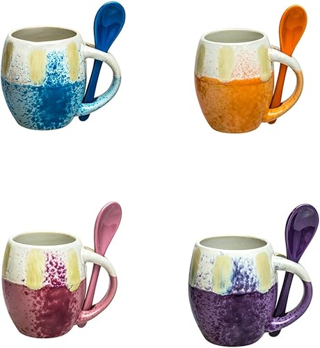 Taza con cuchara – Juego de 4 tazas de café esmaltadas de cerámica, 5 onzas, hermosas tazas de café, aptas para lavavajillas y microondas, mini
