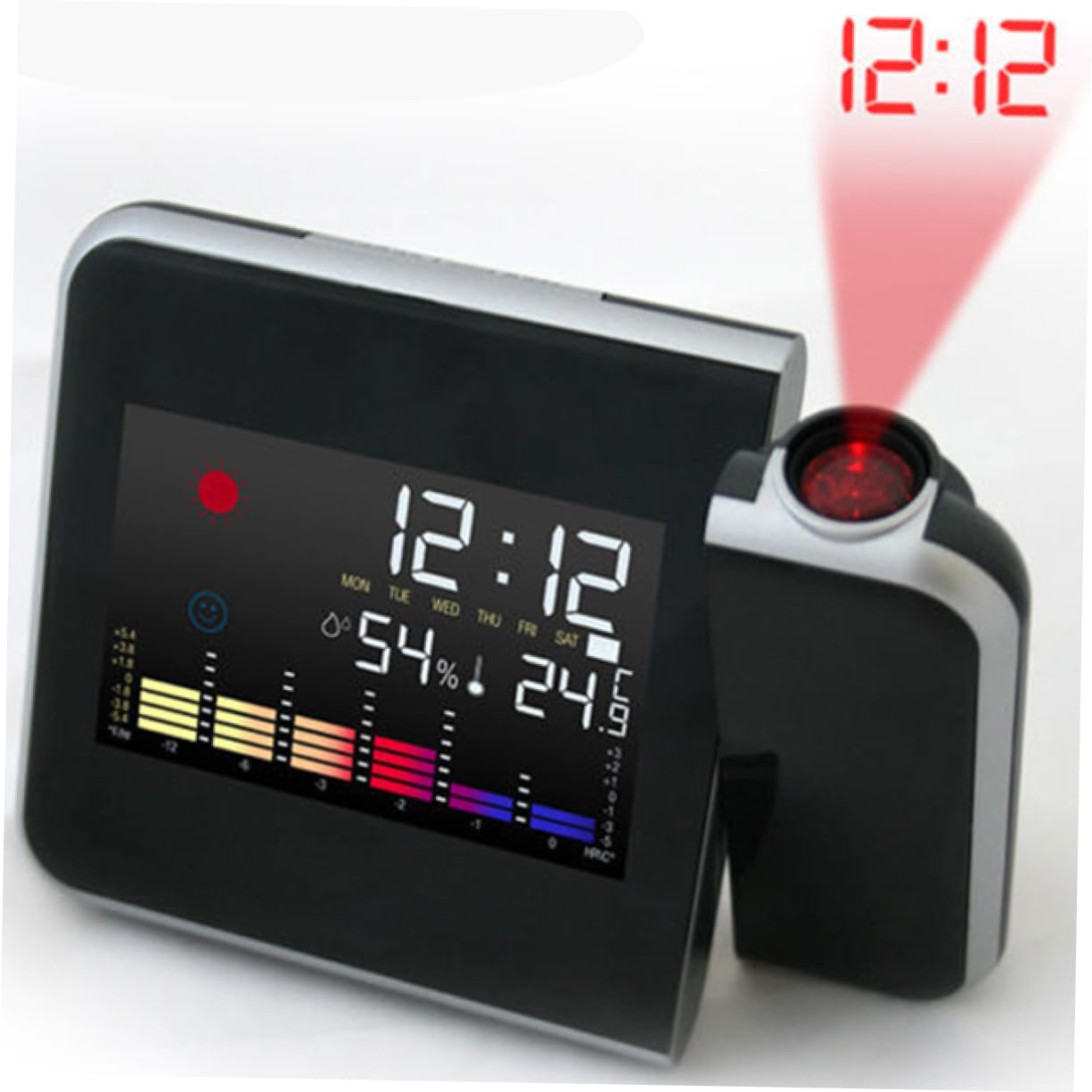FUNOMOCYA Battery-Powered Weather Alarm Clock with Projection Night Light Temperature Humidity Led Display Rotating for Bedroom
