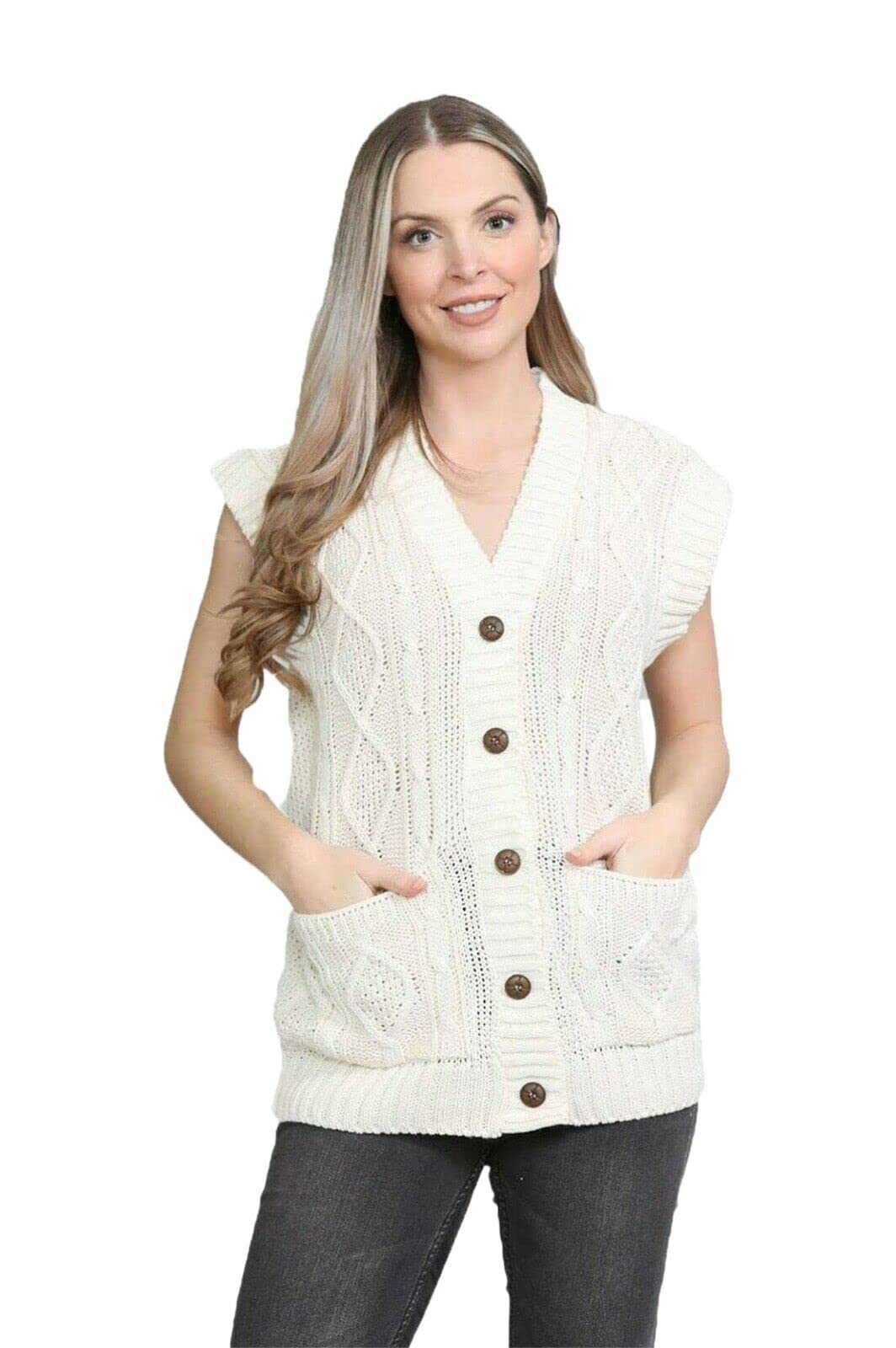 WearAll Womens Sleeveless Cable Knitted Grandad Cardigan Ladies 5 Button Casual Winter Sweater Waistcoat Top Plus Cream 12-14