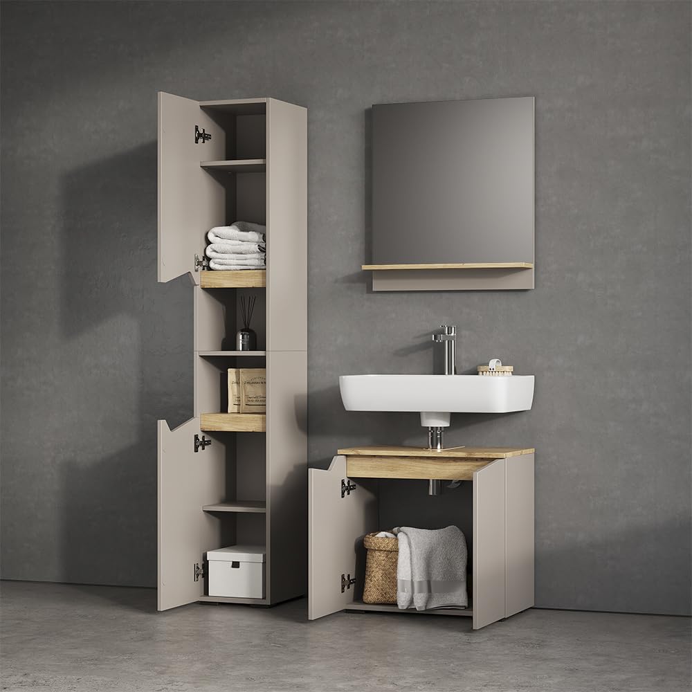 Livinity Armadio per il bagno Timavo, Grigio, 30 x 180 cm con porte e vani aperti