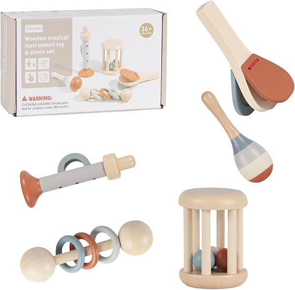 5pcs Montessori Holz Baby Rassel - Musik Holz Spielzeug, Montessori Sensorik Spielzeug, musikinstrumente Geschenk für Jungen und Mädchen, Geburtstagsgeschenk für Kinder und Toddler (Farbe 3) - 1