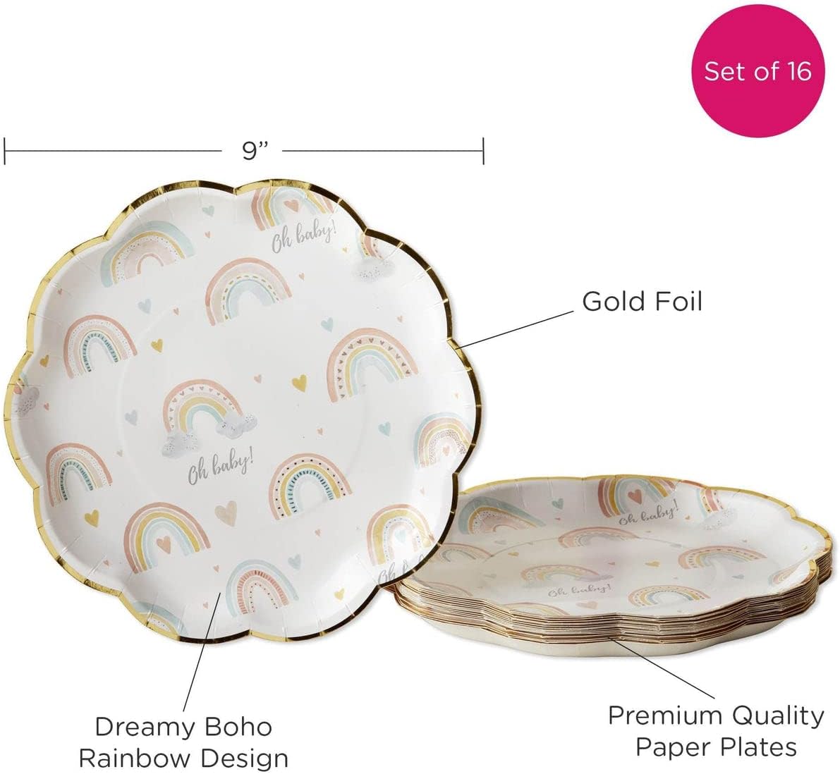 Kate Aspen 64 Pcs Boho Rainbow Paper Plates, 9 Inch Heavy Duty Disposable Party Plates, Party Supplies Tableware for Birthday, Baby Shower, Anniversary Party (Bulk)