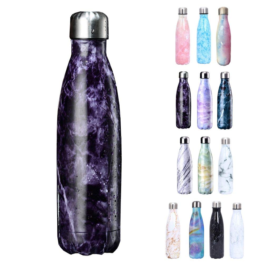 JK Home 500ml Water Bottle 304 Stainless Steel Double Walled Vacuum Flasks Keeps Cold for 24 Hours, Hot for 12 Hours Marble A:Dark Purple