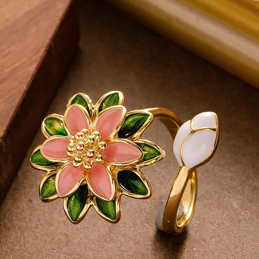 Kokoma Pink Enamel Peony Flower Ring for Women Bohemian Floral Statement Ring Wrap Finger Band Promise Engagement Wedding Rings Elegant Jewelry - Image 2