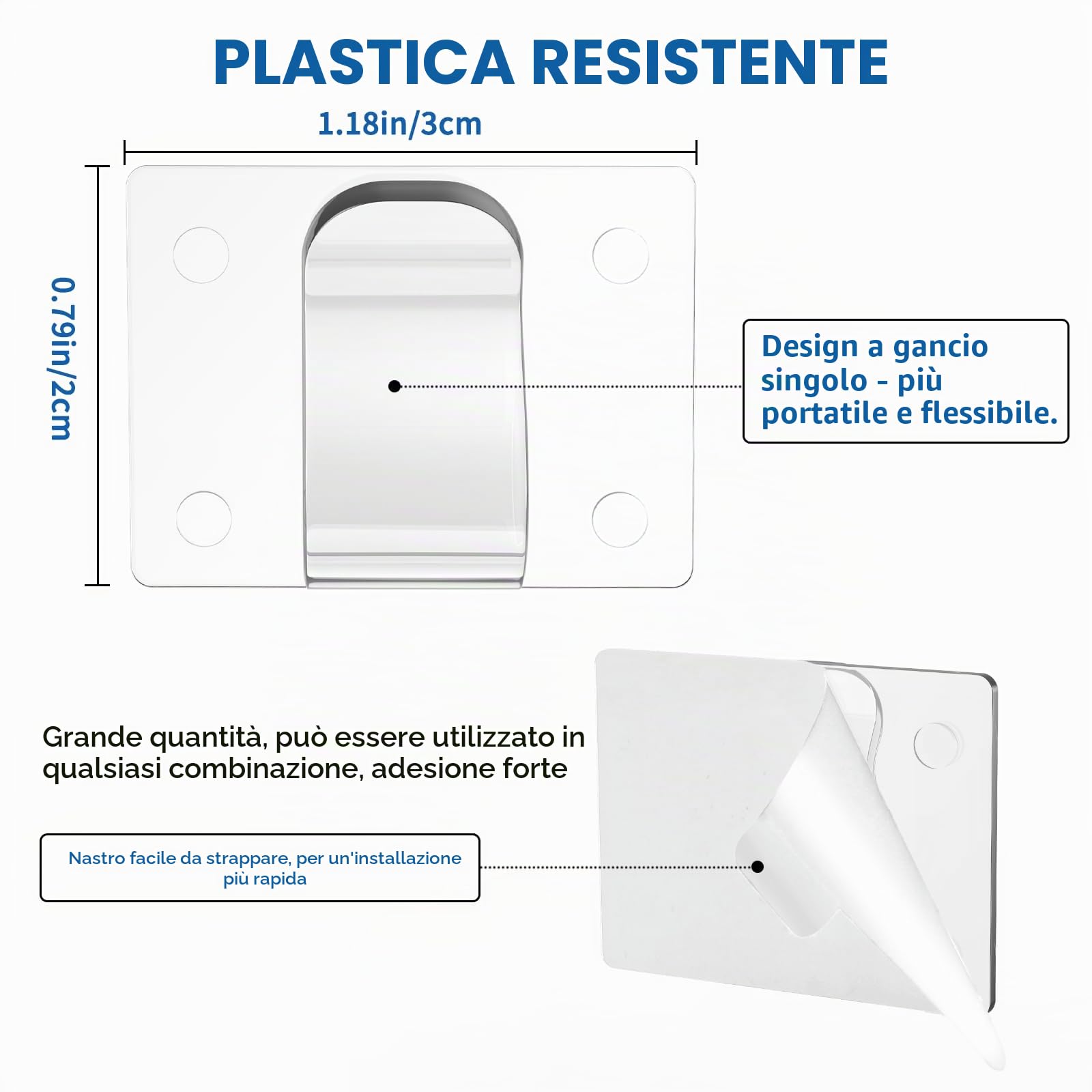 Ganci per Luci Esterne Clip per Cavi da Esterno, 60 Pezzi Clip Adesive Trasparenti Ganci Autoadesivi Fermacavi per Luci Esterne, Cavi, Decorazioni Festive - Gancio Singolo
