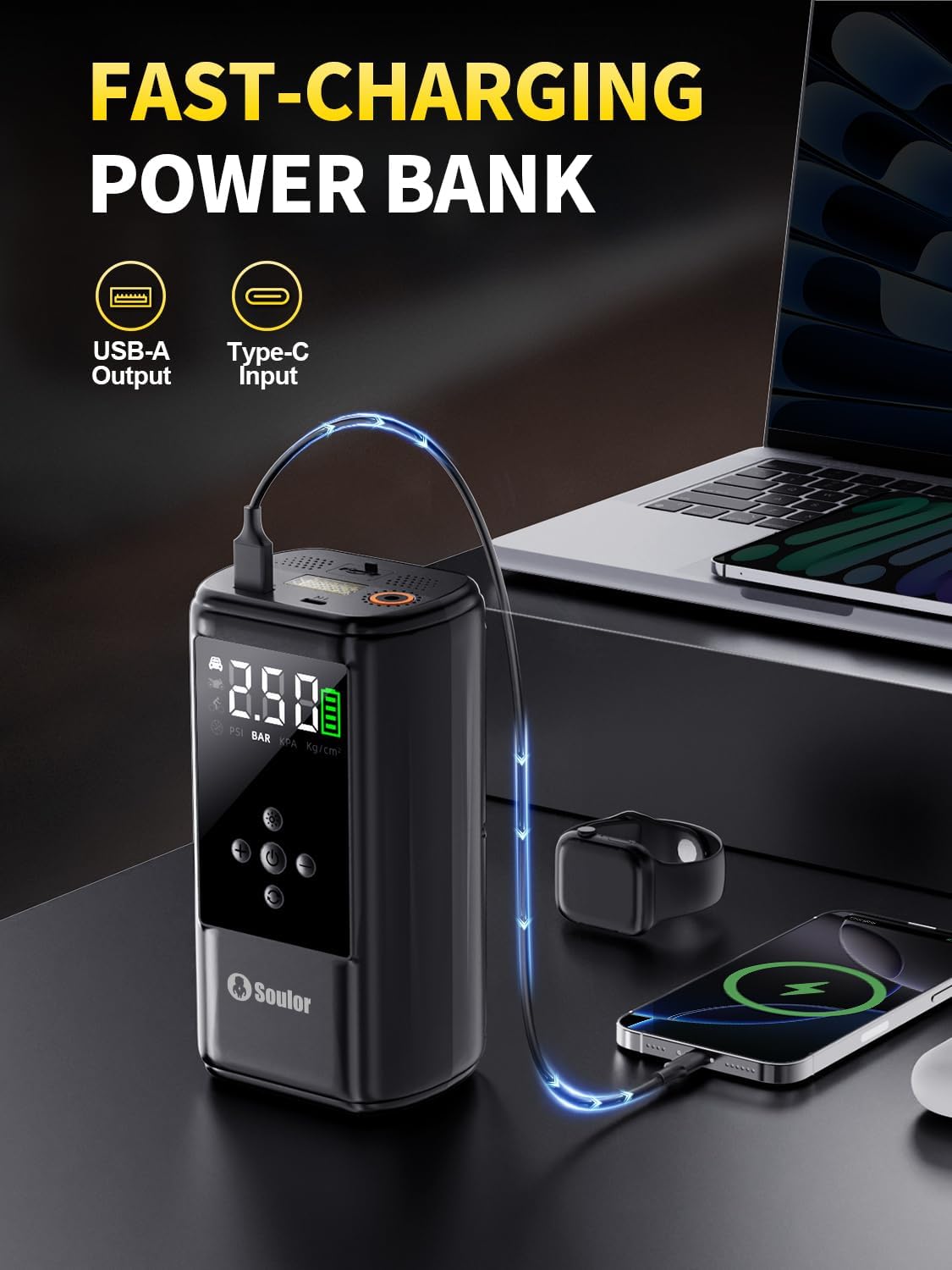 6000A Jump Starter with Air Compressor Battery Jumper Starter Portable 10-in-1 Car Jump Starter Portable 12V Jump Box with 160PSI Tire Inflator LED Light and Jumper Cables (10L Diesel All Cars)