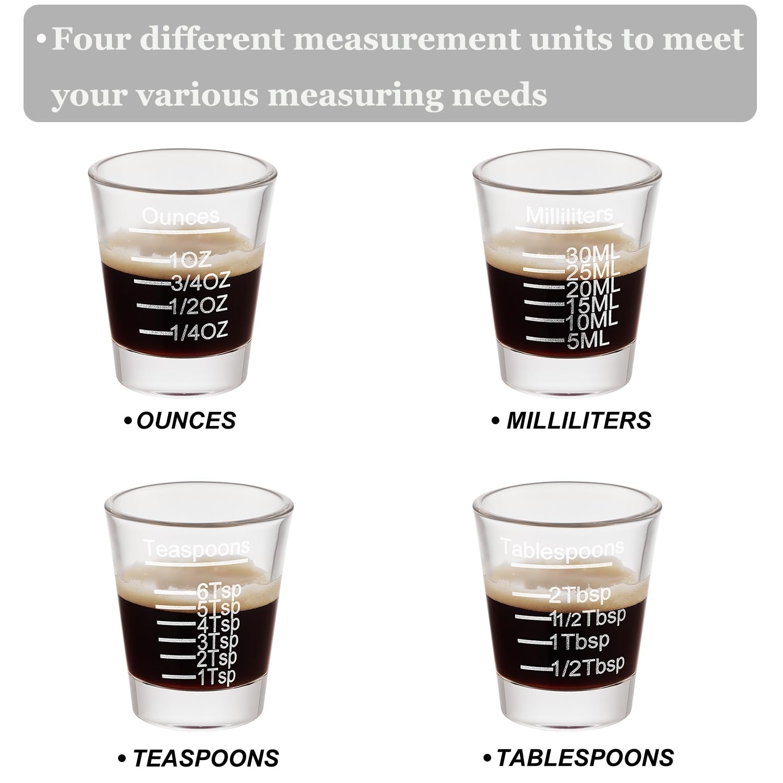 Ackers - Vasos de chupito para grabado, 1 unidad, vasos de chupito de café expreso, vidrio pesado líquido, 26 mediciones incrementales, 28.3 g, 2 cucharadas, 6 cucharaditas, 30 ml, herramientas de
