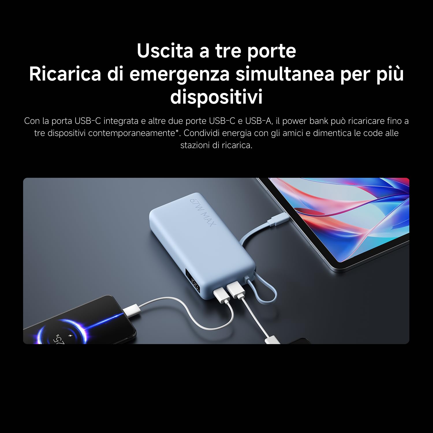 Xiaomi 67W Power Bank 20000mAh, Caricatore Portatile USB-C, Carica Rapida | Ricarica rapida 67W, 20000mAh, cavo USB-C integrato. Ricarica bidirezionale — alimenta 3 dispositivi insieme.