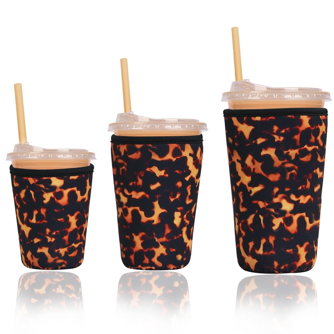 Reusable Insulated Sleeve for Iced Coffee Cup, 3-Pack Coffee Neoprene Drink Sleeve for Cold &amp; Hot Drinks, Beverage Holder for Iced Coffee (Amber Tortoise)