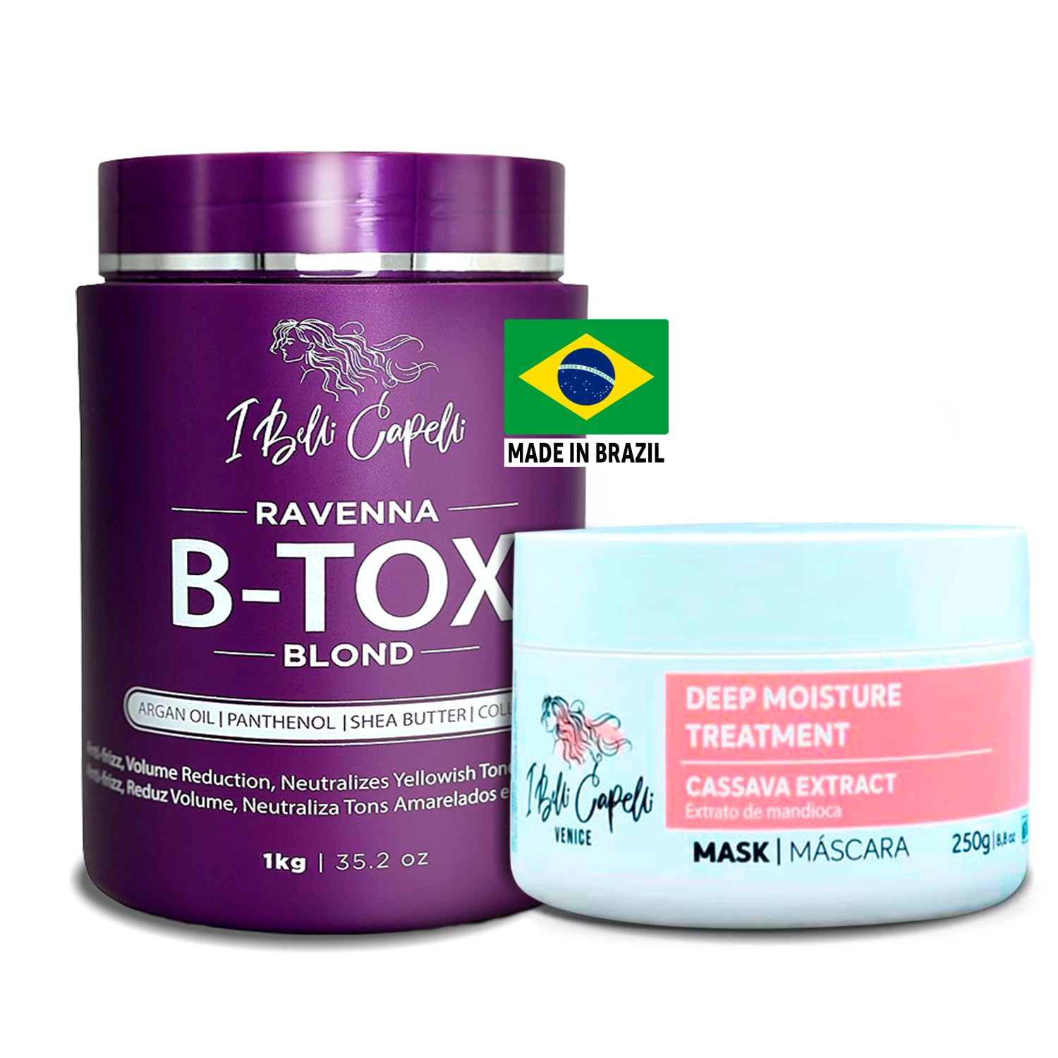 I Belli Capelli Kit Ravenna B-tox Blond Volume Reducer Thermal Activated Straightening 1kg/35.2 oz e Venice Máscara Mandioca Hidratação 250g/8.8 oz
