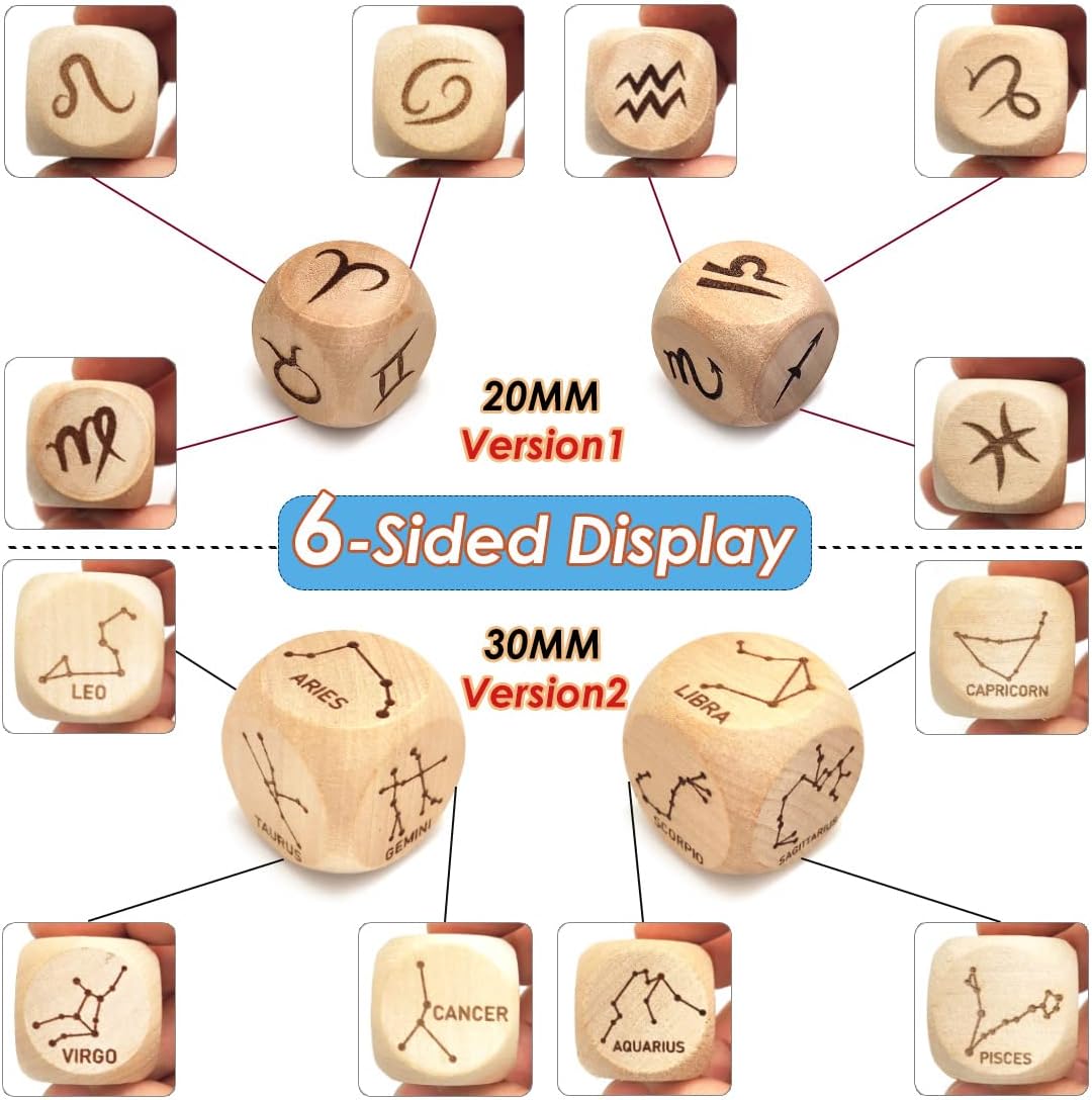 2 Pairs/Set Zodiac Constellation Dice Set - 2Pcs 20MM + 2Pcs 30MM Engraved Wooden Astrological Dices for Divination Accessory (V1(20MM)+V2(30MM))