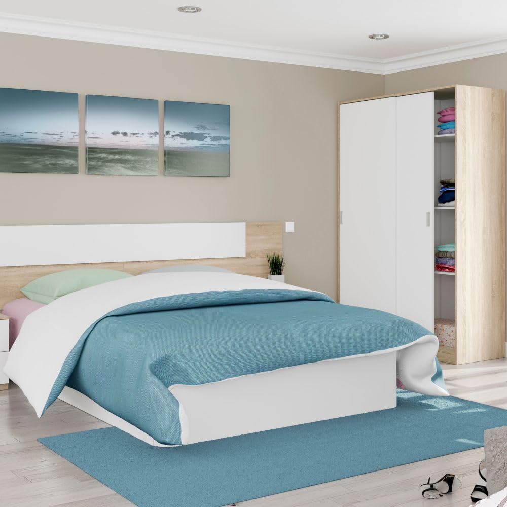 Mobelcenter – Armario 2 Puertas Correderas – Armario Matrimonio o Juvenil - Acabado Color Blanco Artik y Roble Canadian – Medidas: Ancho: 120 cm x Fondo: 50 cm x Alto: 200 cm - (1411)