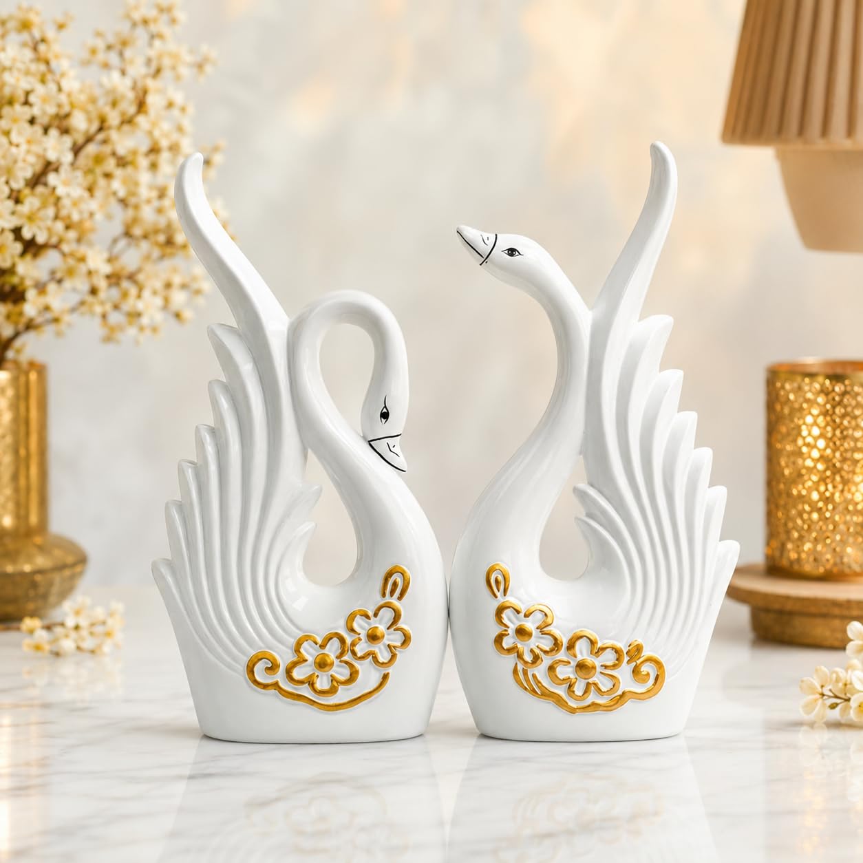 Elegant White Swan Showpiece Set of 2 for Home Decor | Ceramic Swan Statue with Golden Flower Design | Decorative Tabletop & Living Room Decoration | 21 CM-image-36