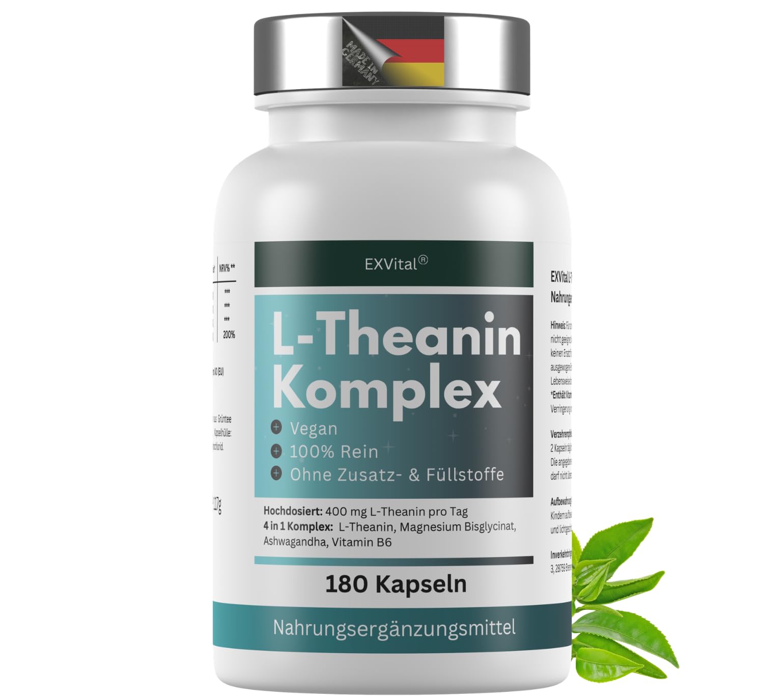 EXVital® L-Theanin Komplex, 400mg Theanin aus Grüntee Blattextrakt mit Magnesium Bisglycinat, Ashwagandha & Vitamin B6-180 Kapseln, L-Theanine Aminosäure, vegan & laborgeprüft
