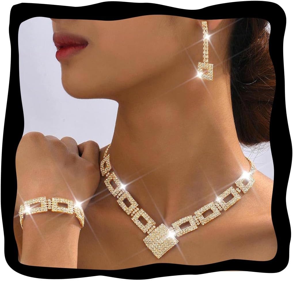Crystal Bridal Wedding Jewelry Set Silver Rhinestone Necklace Earrings Bracelet Sets Formal Costume Jewelry for Women and Brides