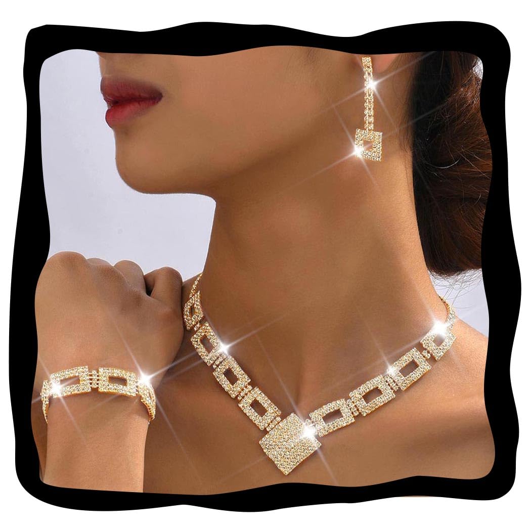 Crystal Bridal Wedding Jewelry Set Silver Rhinestone Necklace Earrings Bracelet Sets Formal Costume Jewelry for Women and Brides