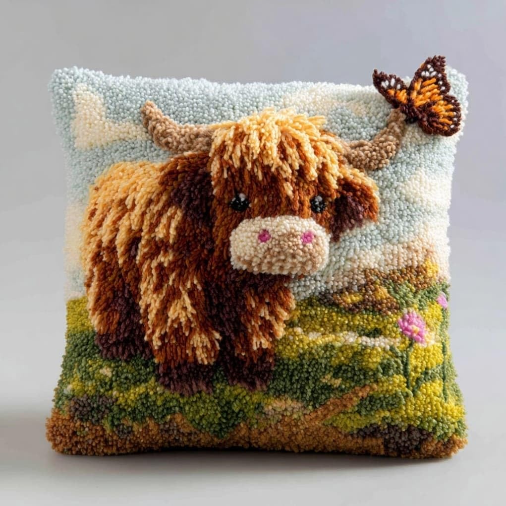 AxiangziK DIY Latch Hook Kits 43x43cm,Highland Cattle and Butterflies