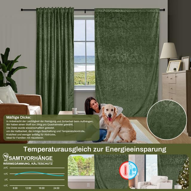 Rosnek Samt Gardinen Vorhang Kräuselband 2er Set, H244 x B132 cm Thermogardine Luxus Vorhang Blickdicht mit Muster, Übergardinen Vorhänge Verdunkelung Barock Deko für Wohnzimmer, Olivgrün