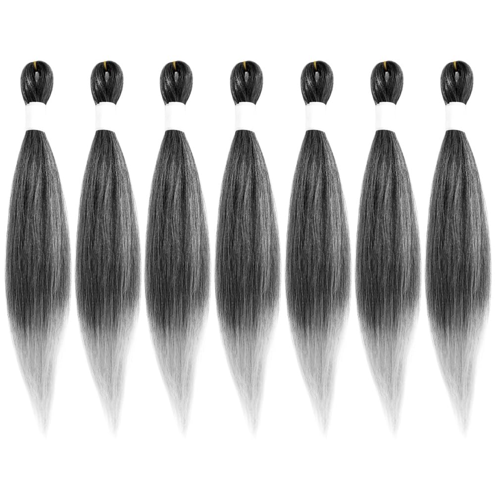 WUDAS Ombre Grey Braiding Hair 20 Inch Long Pre Stretched Hair Straight Yaki Texture Synthetic Hair Extensions Softness (7 Packs,Tgray)