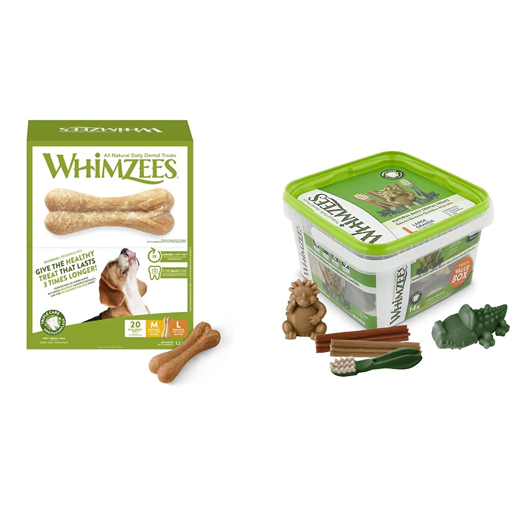 WHIMZEES Reisknochen, natürliche, glutenfreie Zahnpflegesnacks, Kauknochen für große Hunde, 20 Stück, Größe M/L & Gemischte Vielfaltsbox, natürliche, getreidefreie Zahnpflegesnacks, 14 Stück