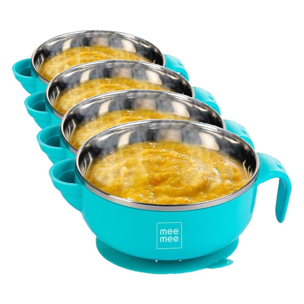 Image of Mee Mee Temperature Control Feeding Bowl with Lid | Silicone Suction Base | Keeps Food Warm 30 Min | Stainless Steel Inner Bowl | BPA-Free | 6+ Months | Airtight Lid | Travel-Friendly (Pack of 4)