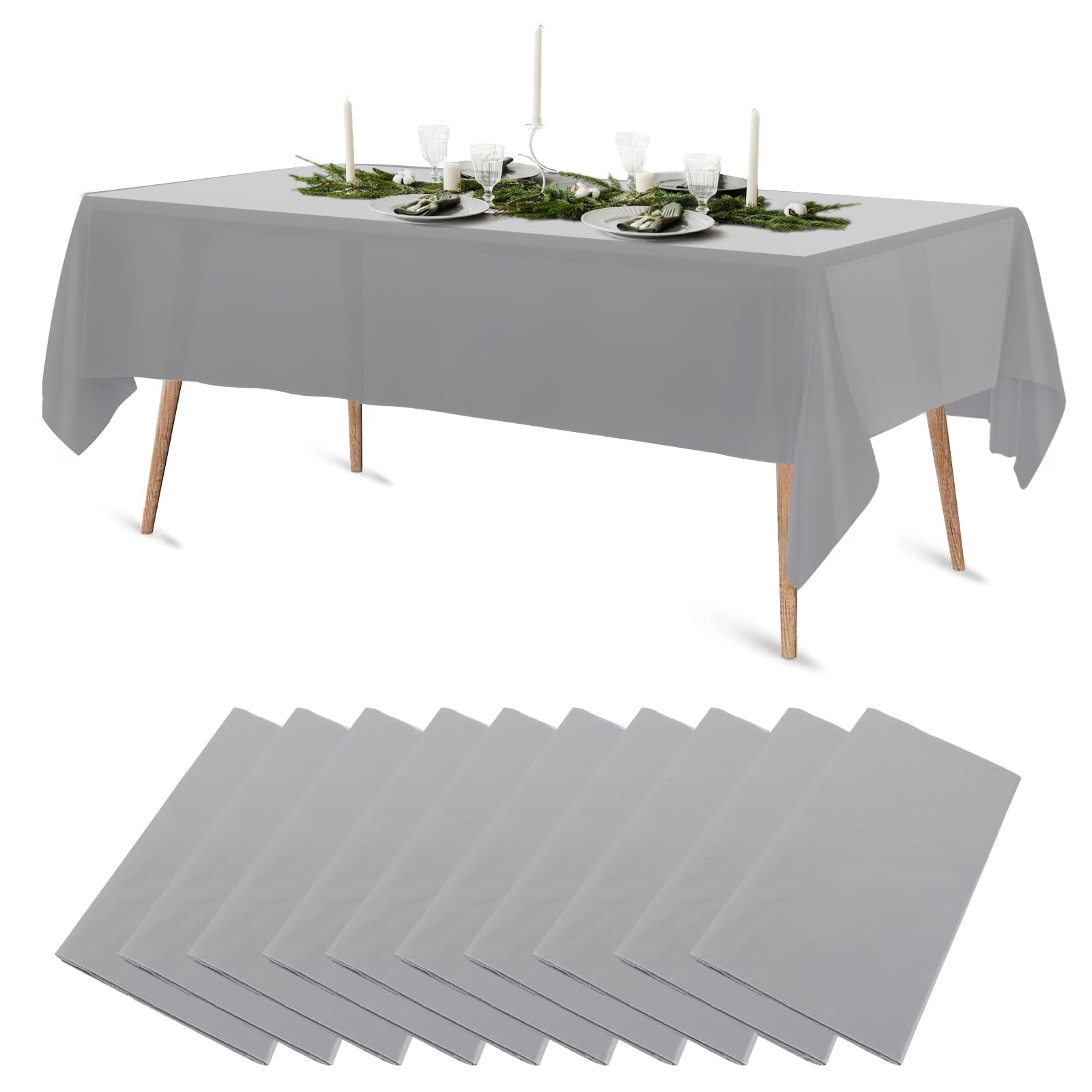 10 Stück 137 * 274cm Einweg Tischdecke, Tischdecke Kunststoff, Tischdecken Rechteckig Party, Wasserdicht und Ölbeständig, für Geburtstagsfeier, Hochzeit, Weihnachten, Esszimmer, Garten (Grau)