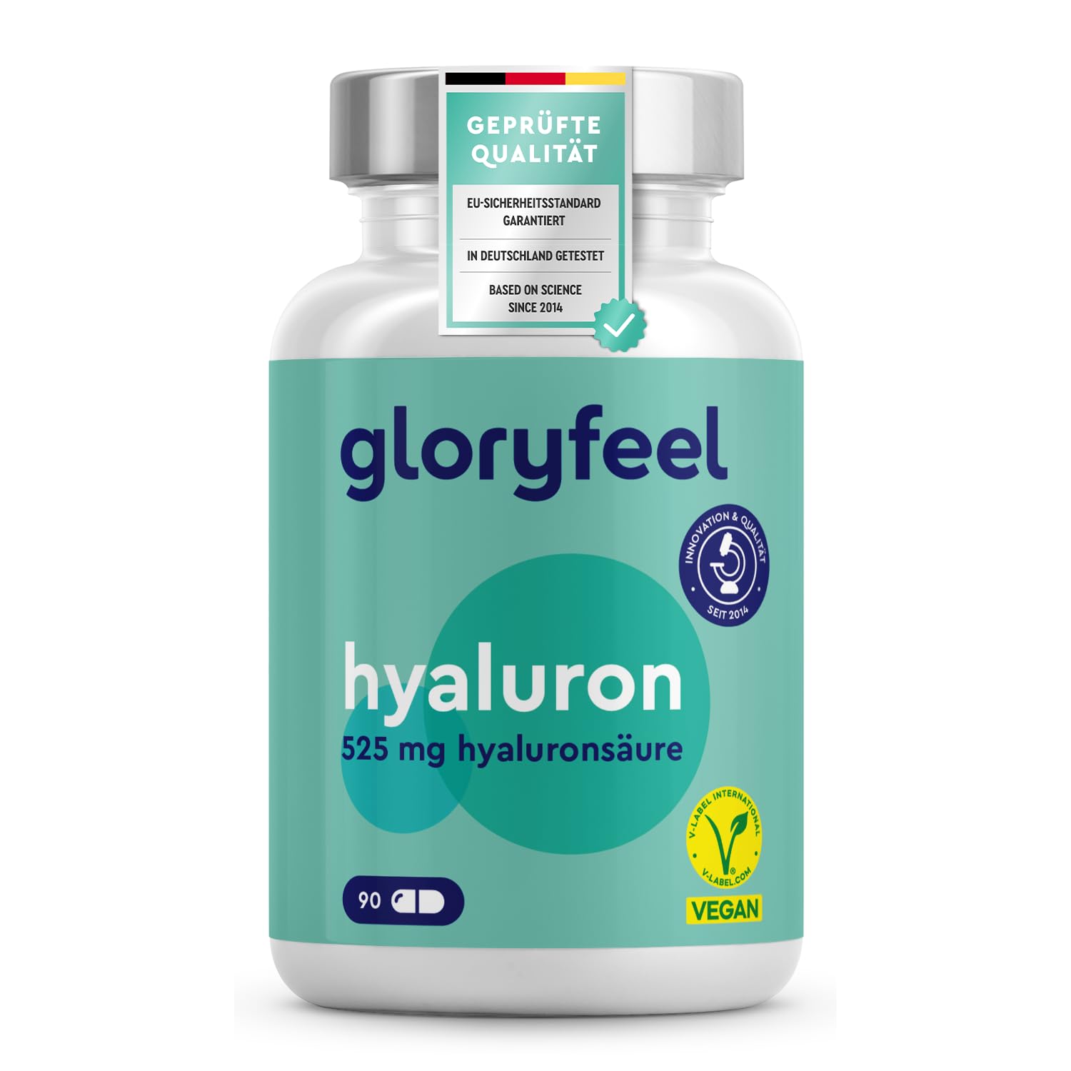 Hyaluron Kapseln Hochdosiert – 525 mg Hyaluronsäure pro Kapsel, 500–700 kDa, 90 vegane Kapseln, hergestellt in Deutschland