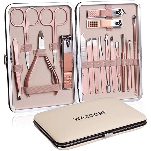 Wazdorf Manicure Kit - Pedicure Tools for Feet, Steel Manicure Pedicure Kit for Women and Men, Nail Clippers, Acne Remover Needle, Scissors, Cuticle & Grooming Tools Luxury Nail Care Set 18 Piece